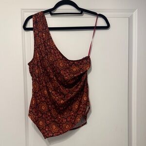 Free People Asymmetric One Shoulder Draped Top Boho Print Size M